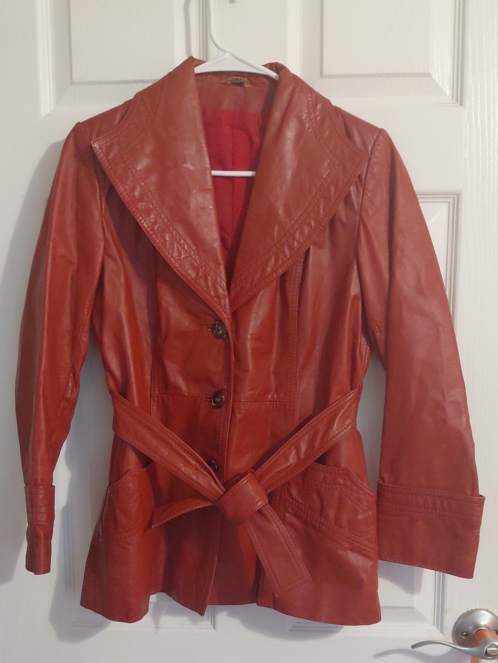Women's Red Leather Belted Jacket Vintage